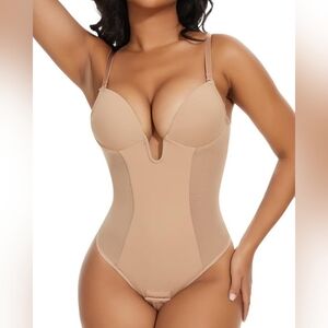 Backless Nude Shapewear Tummy Control Body Shaper Bra U Plunge, Thong, M